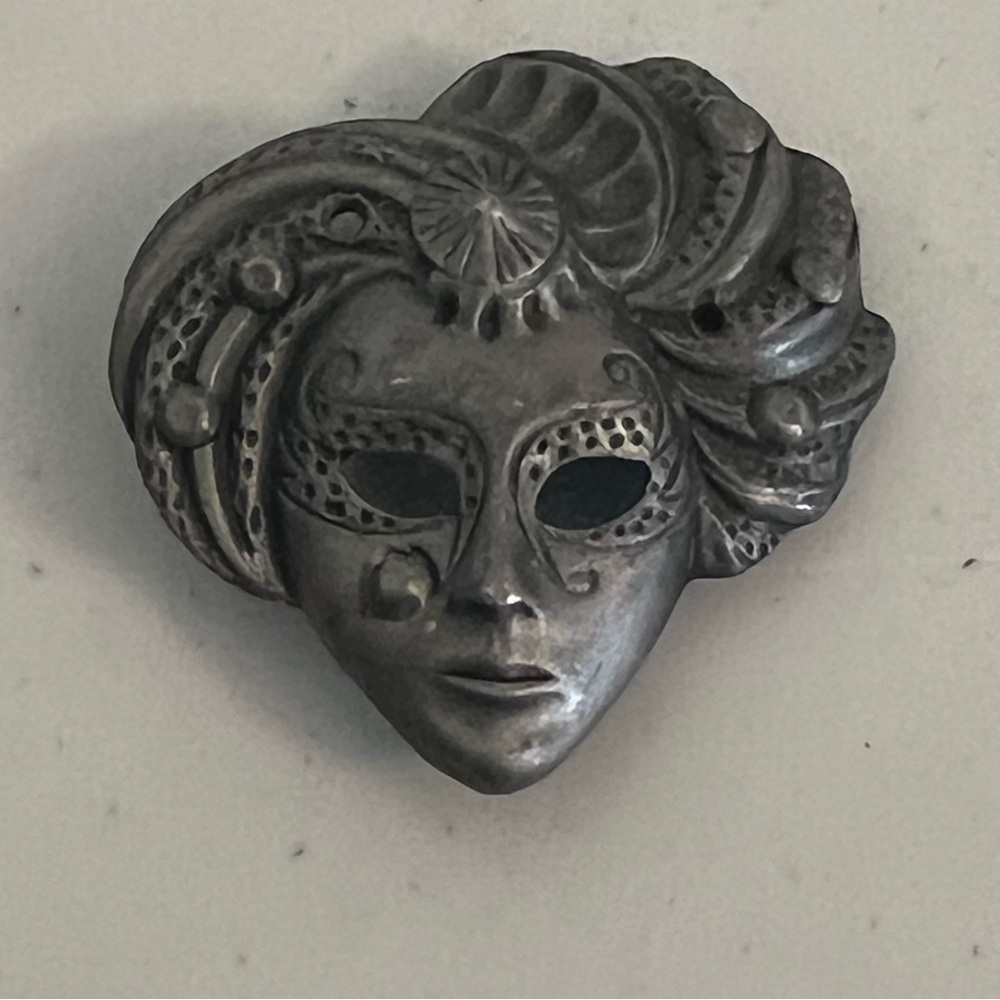 Vintage Pewter Mask Brooch